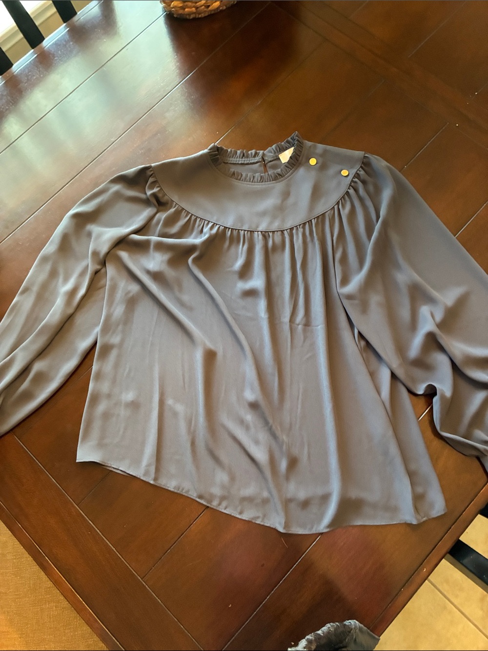 LOFT Gray Ruffle Yoke Long-Sleeve Blouse with Gold Buttons
